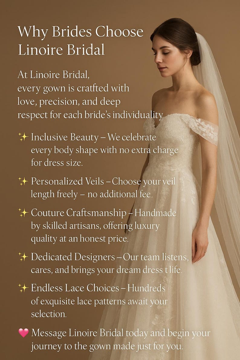 Puede incluir: Una novia con un vestido de novia con hombros descubiertos con detalles de encaje y un velo. La imagen incluye el texto "Por qu&eacute; las novias eligen Linoire Bridal" y destaca caracter&iacute;sticas como la belleza inclusiva y la artesan&iacute;a de alta costura.