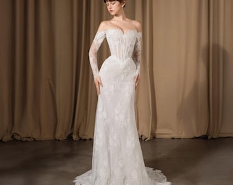 Off Shoulder Lace Mermaid Wedding Dress Long Sleeve Corset Bridal Gown with Train Custom Handmade