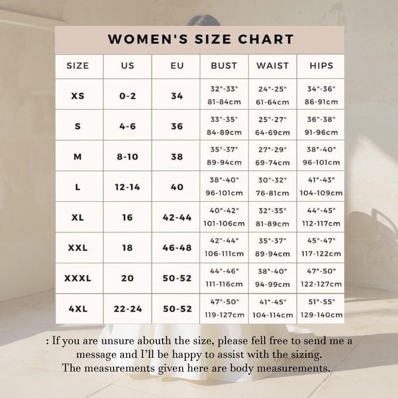 Puede incluir: Una tabla de tallas para mujeres con medidas en pulgadas y cent&iacute;metros. La tabla incluye tallas XS a 4XL, con tallas de EE. UU. y la UE correspondientes, medidas de busto, cintura y cadera. El texto al final ofrece ayuda con el tallaje.