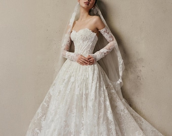 Luxury Lace Corset Wedding Dress western wedding dress with Long Sleeves & Train | Off Shoulder Bridal Gown | Custom Made Lace Ball Gown