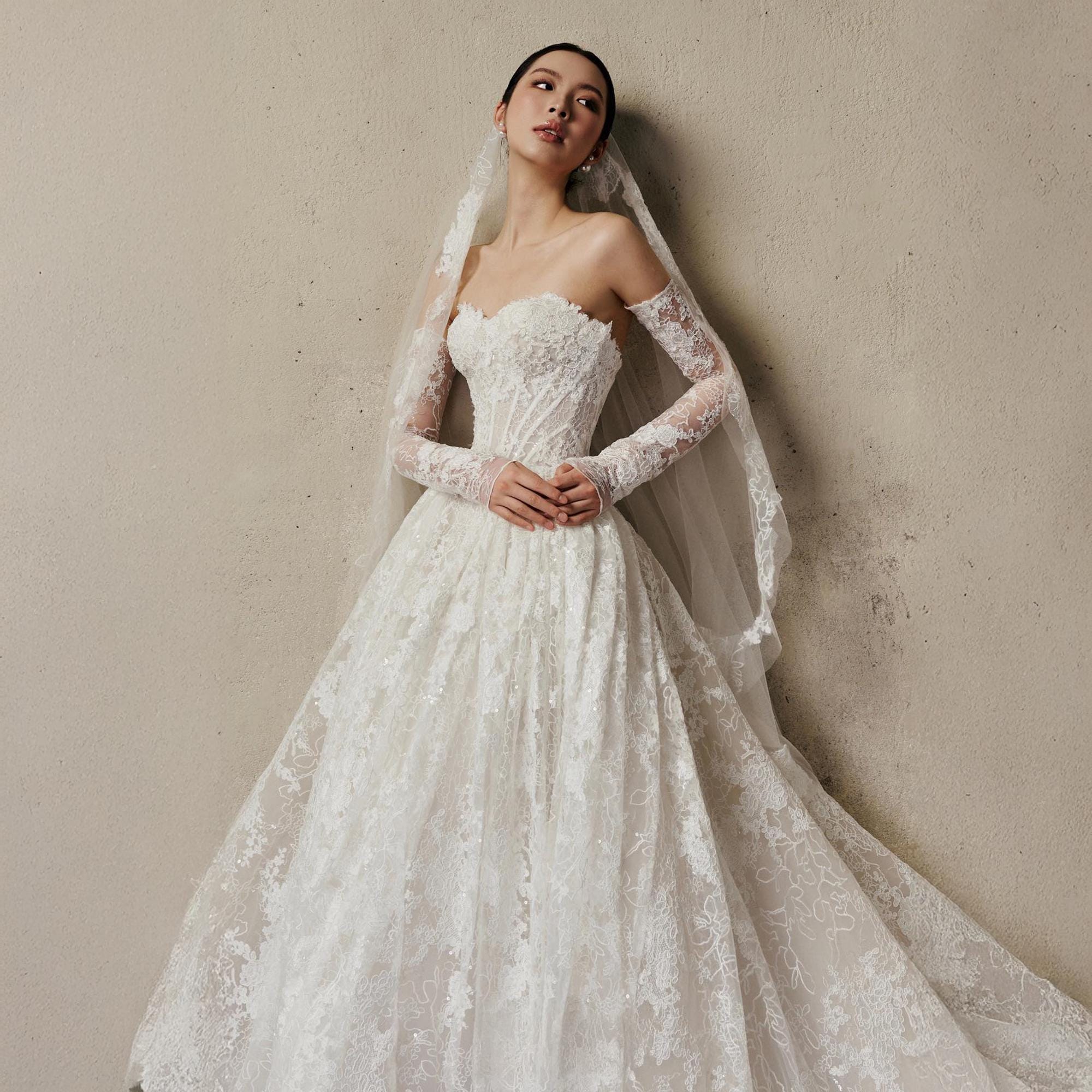 western lace dress with sleeves Zapaka Women White Western Wedding Dress with Slit Mermaid Lace Sweep Train Long Sleeves Bridal Dress, White / US24W