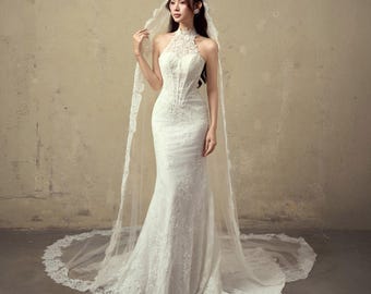 Robe de mariée sirène en dentelle à col haut et élégante robe de mariée ajustée faite main faite main