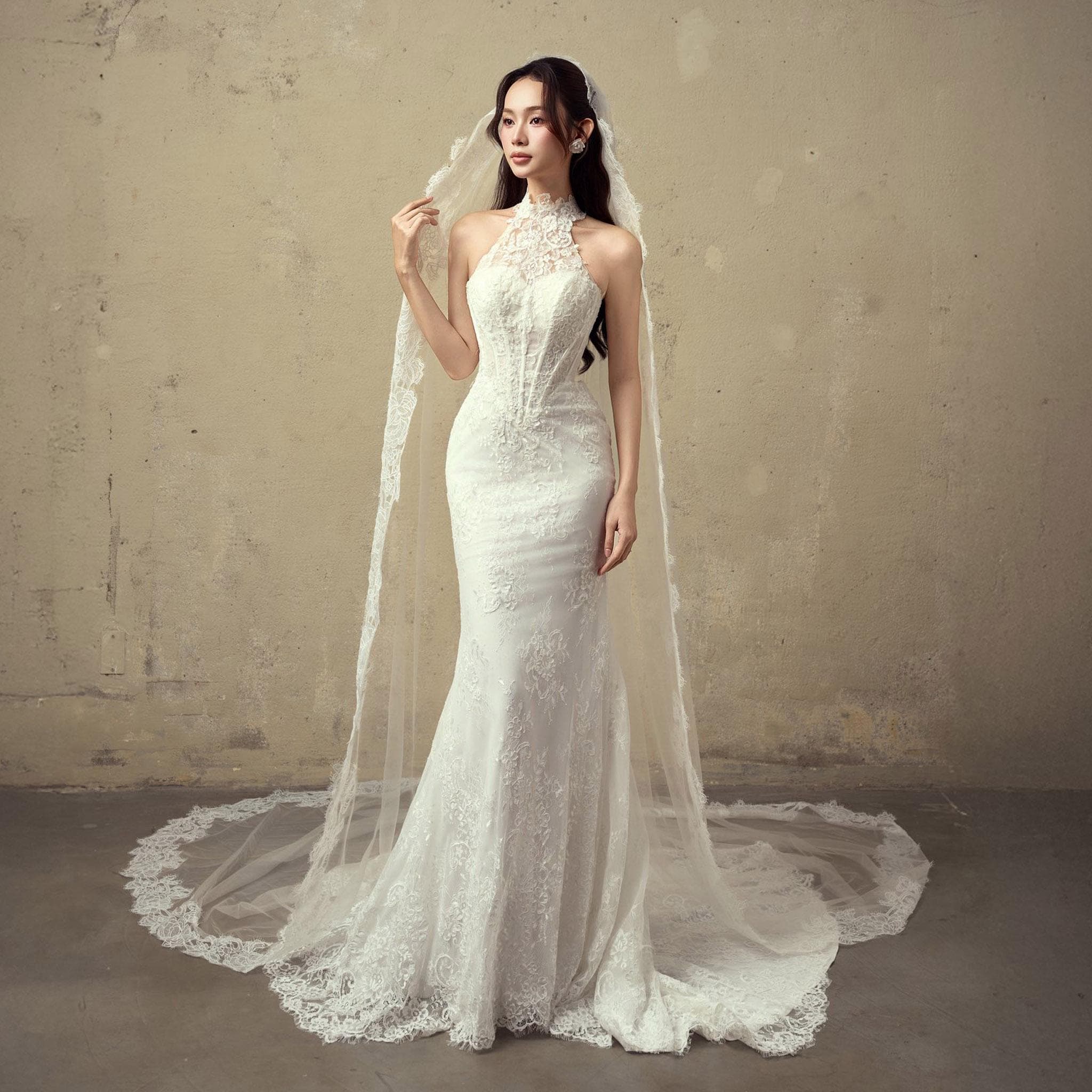 High Neck Lace Mermaid Wedding Dress