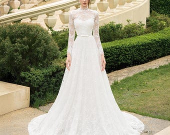 Robe de mariée en dentelle à manches longues - Robe de mariée trapèze à col haut, élégante robe de mariée en dentelle d'inspiration vintage, sur mesure