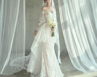 Off Shoulder Long Sleeve Lace Mermaid wester Wedding Dress Corset Bridal Gown with Train Custom made