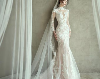 Robe de mariée sirène en dentelle à manches longues avec surjupe amovible robe de mariée col haut sur mesure