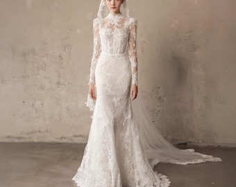 Robe de mariée sirène en dentelle dos nu à col haut, robe de mariée à manches longues, couture faite main sur mesure