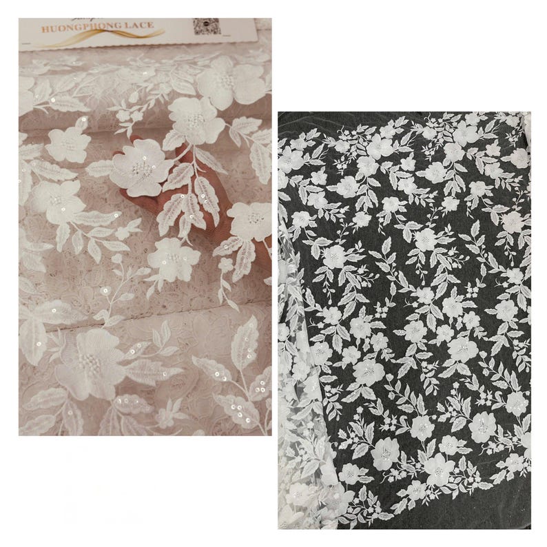 Puede incluir: Tela de encaje floral blanco con detalles de flores y hojas en 3D. El encaje presenta un delicado patr&oacute;n de flores y hojas bordadas, con sutiles acentos de lentejuelas. La tela es adecuada para vestidos de novia y otras prendas de ocasi&oacute;n especial.