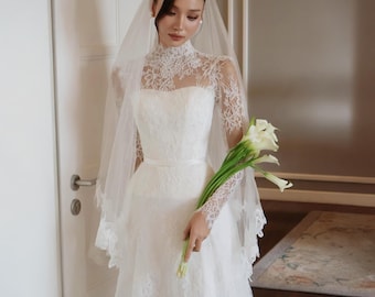 Robe de mariée en dentelle à manches longues et col haut, robe de mariée vintage avec dos corset sur mesure