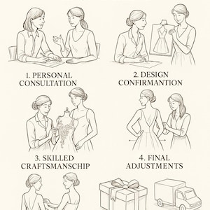 Puede incluir: Ilustraci&oacute;n del proceso de dise&ntilde;o de un vestido de novia, desde la consulta personal hasta la entrega. El texto "THE WEDDING DRESS DESIGN PROCESS LINOIRE BRIDAL" es visible. Los pasos est&aacute;n numerados e ilustrados.