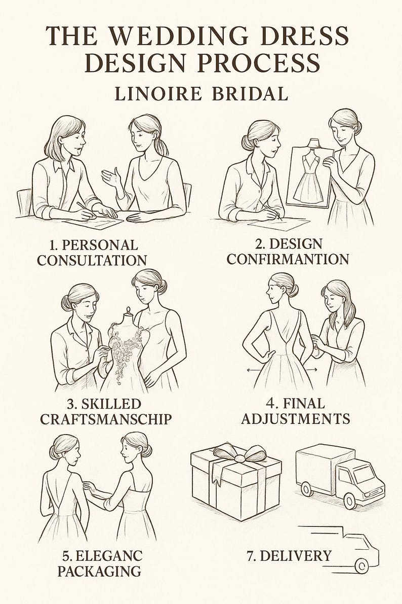 Puede incluir: Ilustraci&oacute;n del proceso de dise&ntilde;o de un vestido de novia, desde la consulta personal hasta la entrega. El texto "THE WEDDING DRESS DESIGN PROCESS LINOIRE BRIDAL" es visible. Los pasos est&aacute;n numerados e ilustrados.