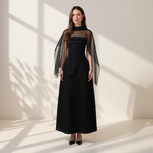Linen Maxi Dress with Sheer Cape Overlay Elegant Square Neck A-Line Gown Linen Dress woman black wedding dress Trendy clothing dress woman