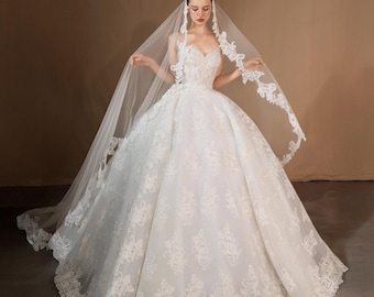 Lace Ball Gown courthouse western Wedding Dress – Sweetheart Corset Bridal Gown with Floral Appliqué – Custom Made