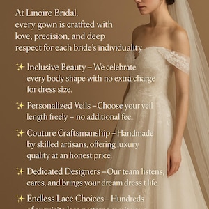 Peut inclure: Une robe de mari&eacute;e ivoire &agrave; &eacute;paules d&eacute;nud&eacute;es avec des d&eacute;tails en dentelle et un long voile. Le texte indique : Why Brides Choose Linoire Bridal, At Linoire Bridal, every gown is crafted with love, precision, and deep respect for each bride's individuality.