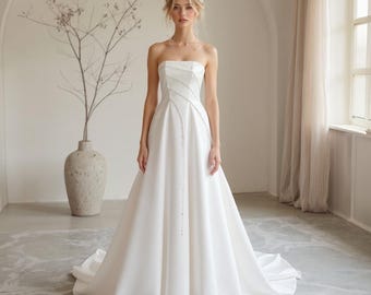 Ivory White Satin Wedding Dress western wedding dress : Strapless A-Line Satin Gown