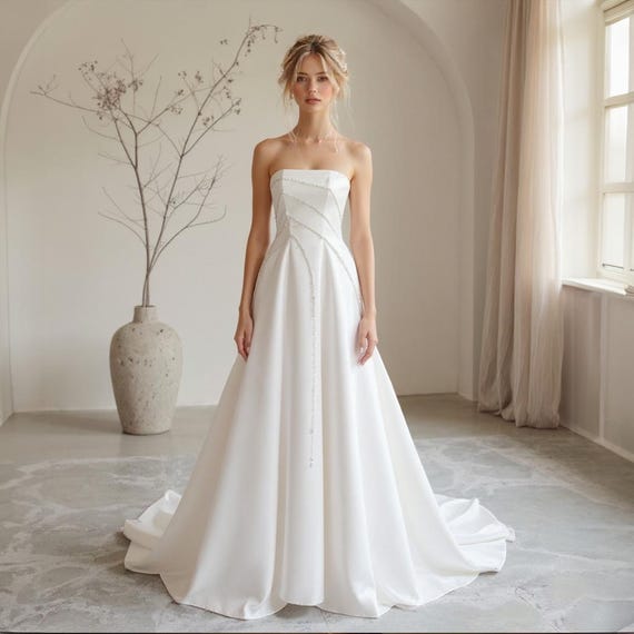 Ivory White Satin Wedding Dress Western Wedding Dress : Strapless A-line  Satin Gown - Etsy Israel