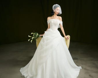 Off Shoulder Wedding Dress – Corset Bodice Bridal Gown with Flowing Organza Skirt, Ivory Floor Length Wedding Gown