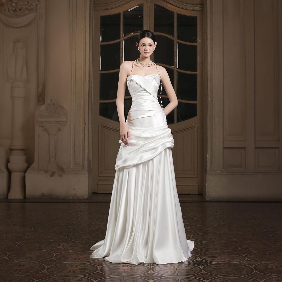 Elegant Satin Off-Shoulder Wedding Dress Classic Sheath Bridal Gown DP7206