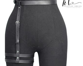 Arnês de couro feminino para pernas e corpo, cinta-liga punk