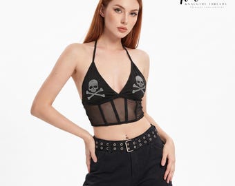 Dark Gothic Skull Rhinestone Crop Top, V-Neck Halter Camisole, Backless Grunge Top