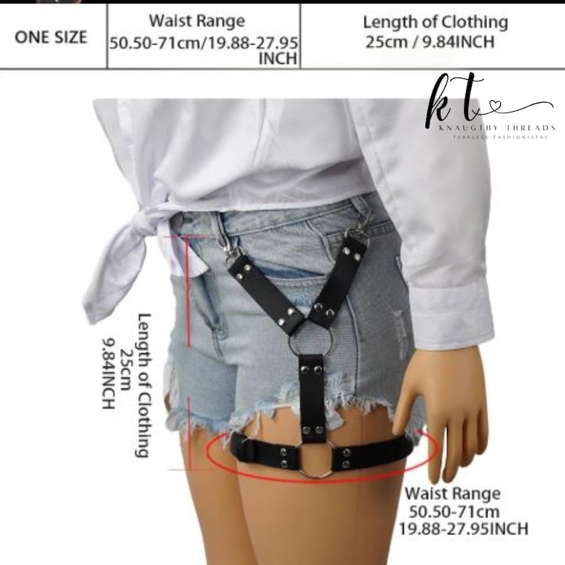 May include: Black faux leather body harness with silver-tone hardware. The harness has adjustable straps and a large metal ring. Waist range is 50.50-71cm, and the length of the clothing is 25cm. The text "KNAUGHY THREADS" is visible.