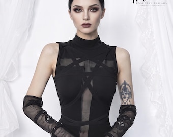 Gothic Sheer Mesh Cross Tank Top Women Fairy Grunge Crop Top Dark Alternative Streetwear