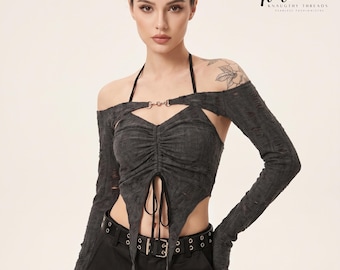 Damski gotycki top w kolorze ciemnego, vintage'owego, wróżkowego grunge'u, z długim rękawem i ściągaczem