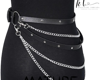Cinto feminino de couro com correntes prateadas para vestidos