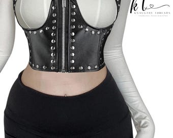 Rivet Studded Faux Leather Crop Top: Gothic Punk Corset Bustier