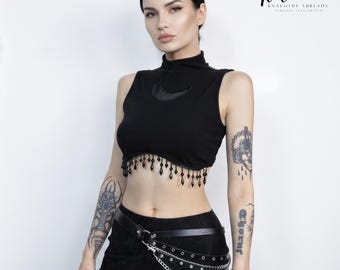 Gothic Y2K Turtleneck Crop Tank Top Women Cyber Style Moon Chain Tassel Top