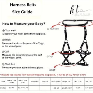 May include: Black leather harness belt with adjustable straps and metal hardware. The image includes a size guide with measurements in inches and centimeters for waist, bust, thigh, and calf. The text reads "Harness Belts Size Guide".