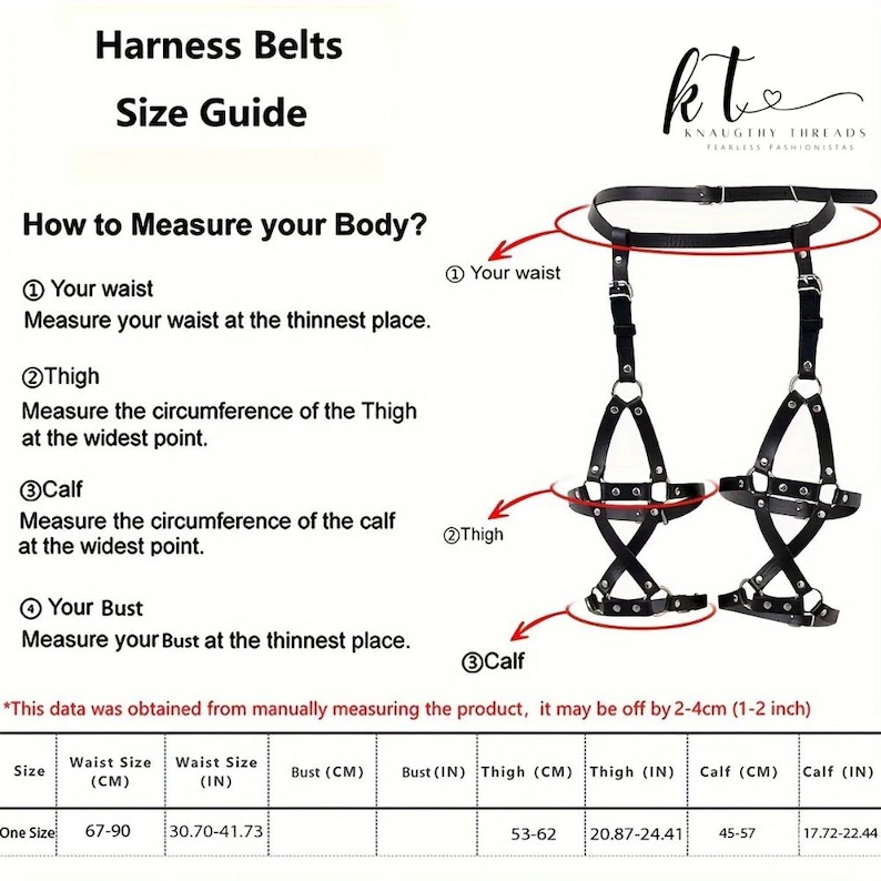 May include: Black leather harness belt with adjustable straps and metal hardware. The image includes a size guide with measurements in inches and centimeters for waist, bust, thigh, and calf. The text reads "Harness Belts Size Guide".
