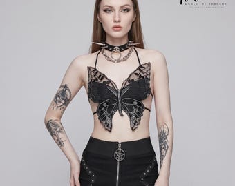 Gothic Lace Butterfly Backless Halter Crop Top Fairycore Y2K Grunge Embroidery Sexy Bandage Camisole