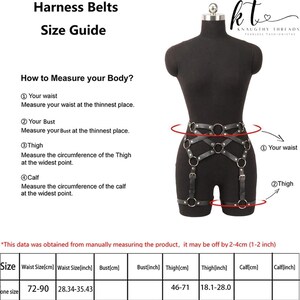 May include: Black harness belt with silver-colored rings and buckles, displayed on a mannequin. The image includes a size guide with measurements in inches and centimeters, and instructions on how to measure your body for the harness.
