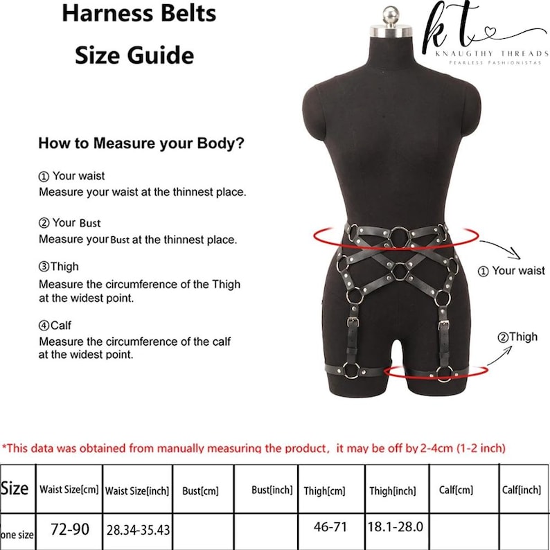 May include: Black harness belt with silver-colored rings and buckles, displayed on a mannequin. The image includes a size guide with measurements in inches and centimeters, and instructions on how to measure your body for the harness.