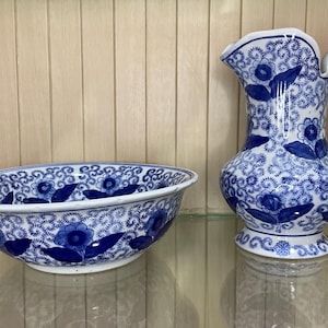 Antique Blue & White Porcelain Pitcher and Bowl Set | Vintage Wash Basin Jug | Chinese Export Style Ceramic | Collectible Home Decor.