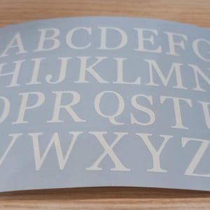 Könnte beinhalten: Ein hellblauer Aufkleberbogen mit dem englischen Alphabet in weißen Großbuchstaben in Serifenschrift. Die Buchstaben sind in vier Reihen angeordnet, beginnend mit A bis G, gefolgt von H bis N, O bis U und endend mit V bis Z in der untersten Reihe.