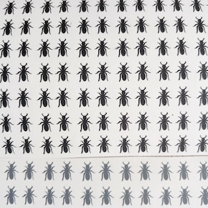 May include: A repeating pattern of black ant silhouettes on a white background. The ants are evenly spaced and face the same direction. The image has a clean, minimalist aesthetic, suitable for various design applications.
