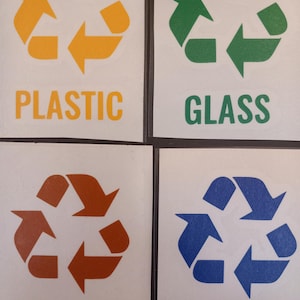 Puede incluir: Cuatro etiquetas de reciclaje con el símbolo de reciclaje en amarillo, verde, naranja y azul. Las etiquetas dicen "PLÁSTICO", "VIDRIO", "ORGÁNICO" y "PAPEL" en texto en negrita. El fondo es blanco.