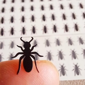 May include: A black paper ant cut-out is held on a fingertip, with a background of many similar ant silhouettes. The ant has six legs, antennae, and a segmented body. The background ants are slightly blurred.