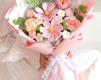 Ramo de flores de ganchillo hecho a mano / Rosas / Lirios en maceta - Regalo para el Día de la Madre / Cumpleaños / Graduación para ella, hija, novia, amiga, mamá, abuela.