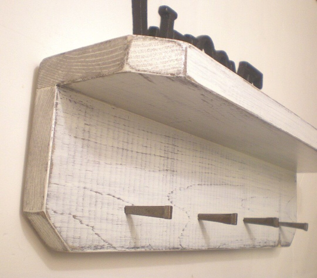 Key Hook Shelf Shabby Chic Wall Shelf With Masonry Nails Etsy
