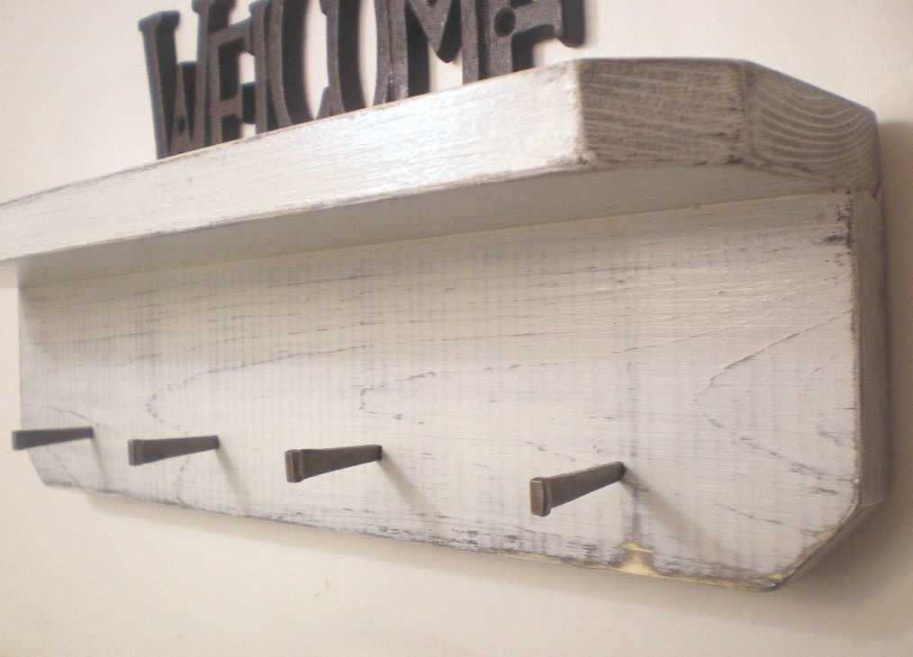 Key Hook Shelf Shabby Chic Wall Shelf With Masonry Nails Etsy