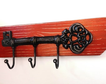 Distressed Cast  Iron Skeleton Key Hook Wall Hanger Shabby Chic / French Country-Apple Red with Black Skeleton Key