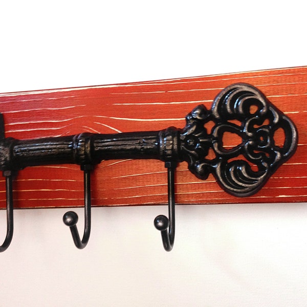 Distressed Cast  Iron Skeleton Key Hook Wall Hanger Shabby Chic / French Country-Apple Red with Black Skeleton Key