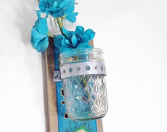 Peacock Wall Sconce, Hanging vase, Shabby Chic,  Country Cottage Decor, Hanging Flower Vase,Reclaimed Rustic Wedding Peacock Decor