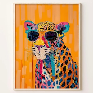 Leopard Pop Art Print, Funky Animal Wall Decor, Vibrant Dopamine Poster, Eclectic Maximalist Artwork