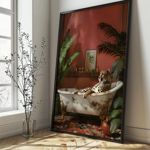 Cheetah Bathtub Wall Art, Jungle Spa Decor, Funny Animal Printable, Dopamine Aesthetic Bathroom Art