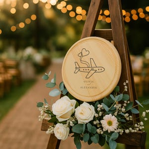 Personalized Wooden Serving Tray with Airplane and Heart Engraving – Rustic Travel Theme Custom Kitchen and Home Décor for Couples