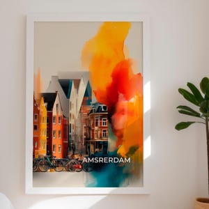 Amsterdam City Poster – Colorful Watercolor Skyline Print | Modern Wall Art, Dutch Canal Houses Home Decor